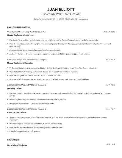 Heavy Equipment Supervisor Resume