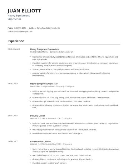 Heavy Equipment Supervisor Resume