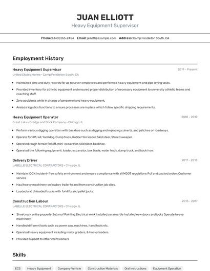 Heavy Equipment Supervisor Resume