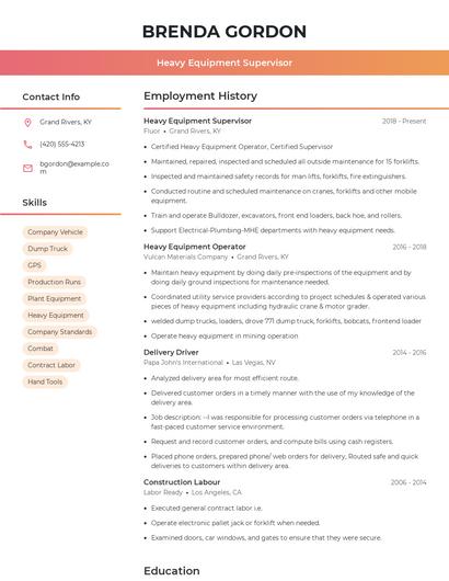 Heavy Equipment Supervisor Resume