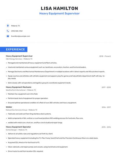 Heavy Equipment Supervisor Resume
