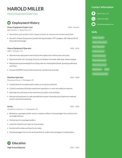 Heavy Equipment Supervisor Resume