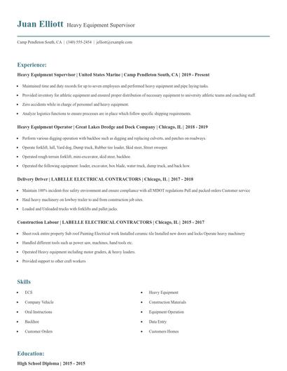 Heavy Equipment Supervisor Resume