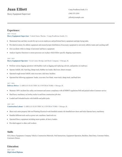 Heavy Equipment Supervisor Resume