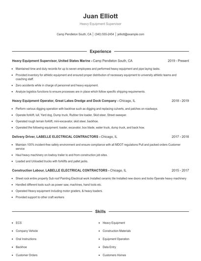 Heavy Equipment Supervisor Resume
