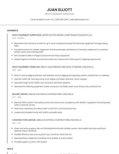Heavy Equipment Supervisor Resume