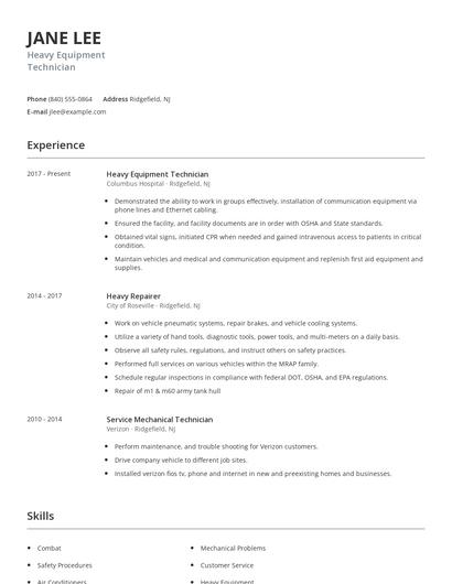 Heavy Equipment Technician Resume
