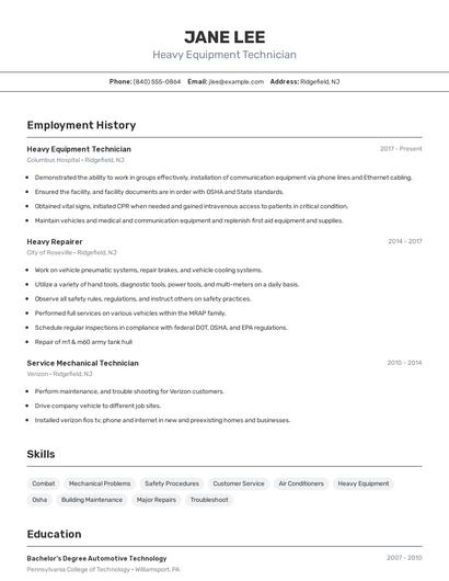 Heavy Equipment Technician Resume