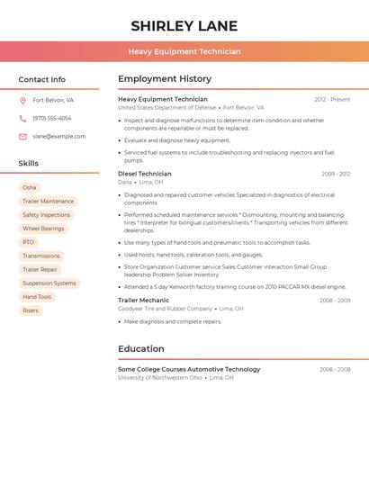 Heavy Equipment Technician Resume