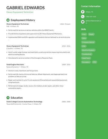 Heavy Equipment Technician Resume