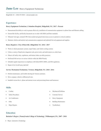 Heavy Equipment Technician Resume