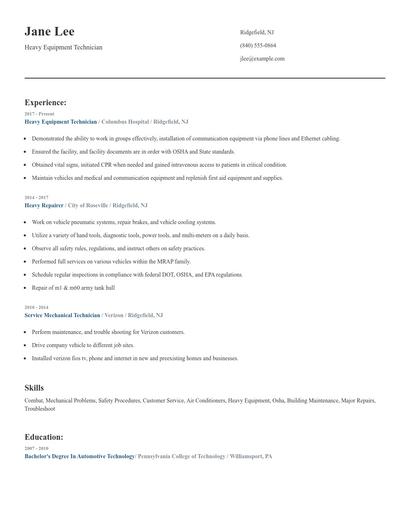 Heavy Equipment Technician Resume