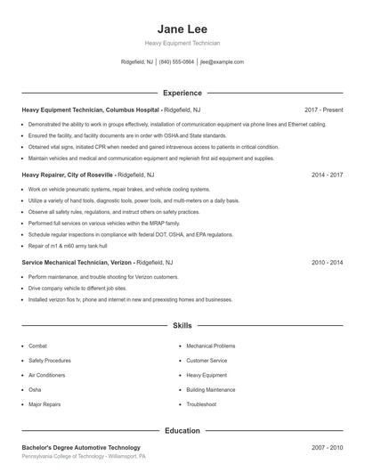 Heavy Equipment Technician Resume