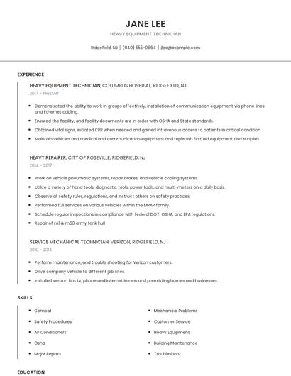 Heavy Equipment Technician Resume