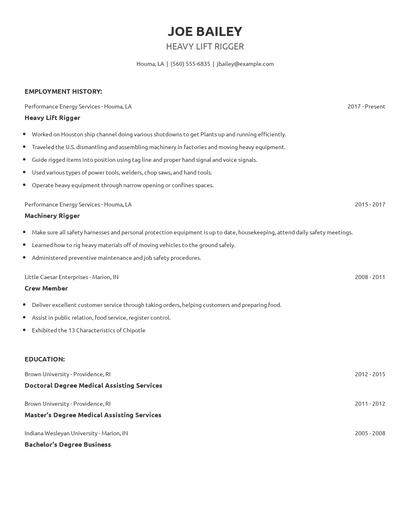 Heavy Lift Rigger Resume