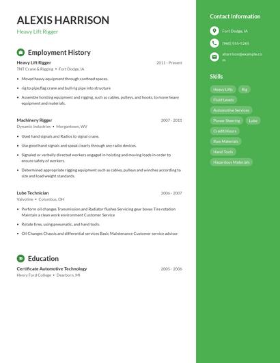 Heavy Lift Rigger Resume