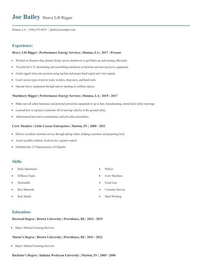 Heavy Lift Rigger Resume