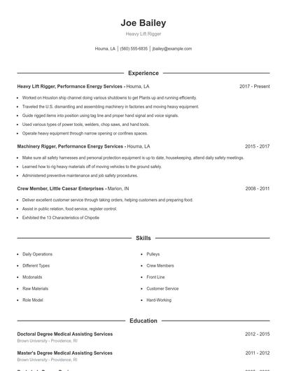 Heavy Lift Rigger Resume