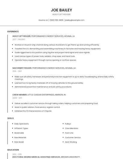 Heavy Lift Rigger Resume