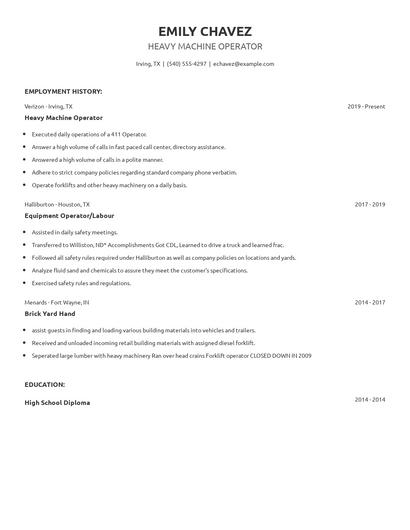 Heavy Machine Operator Resume