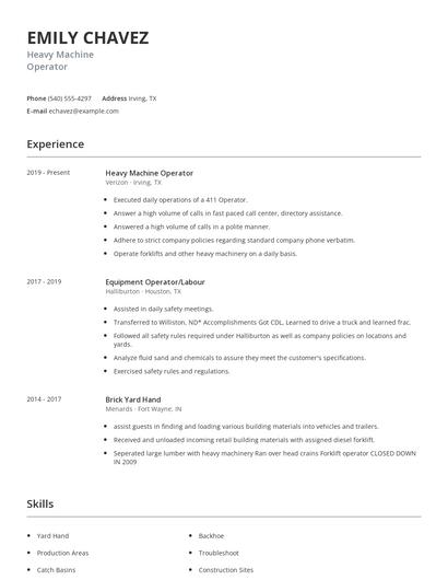 Heavy Machine Operator Resume