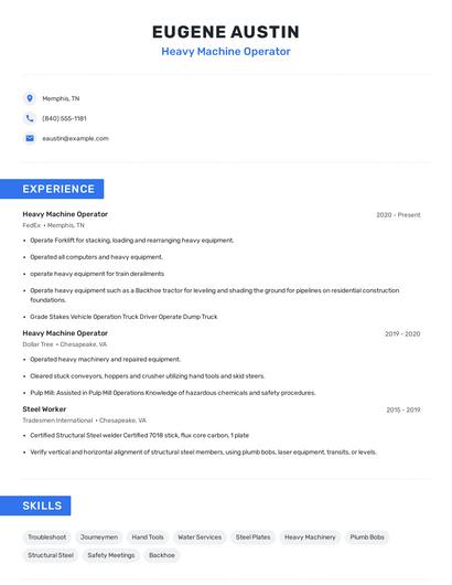 Heavy Machine Operator Resume
