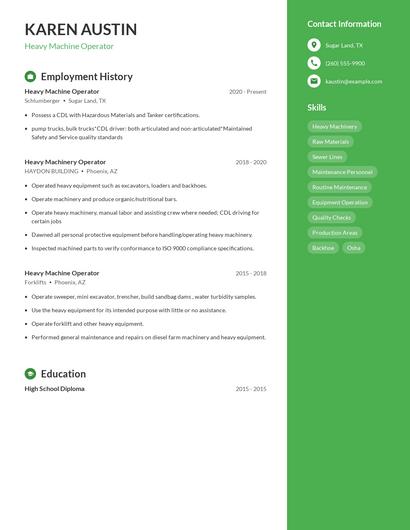 Heavy Machine Operator Resume