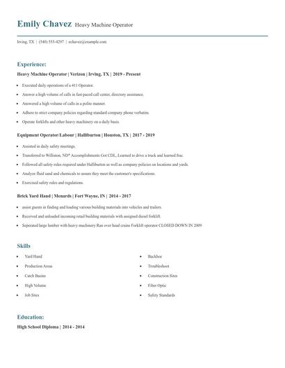 Heavy Machine Operator Resume