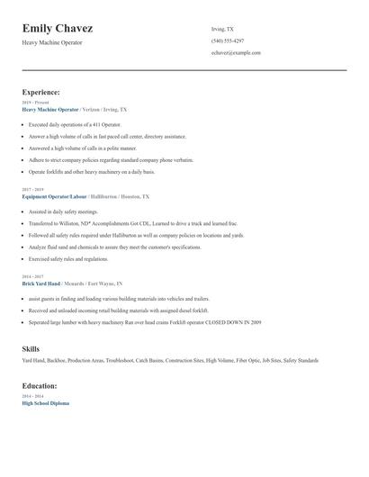 Heavy Machine Operator Resume