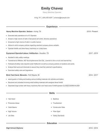 Heavy Machine Operator Resume