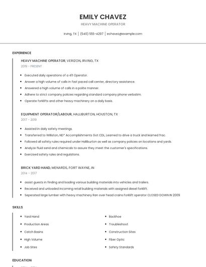 Heavy Machine Operator Resume