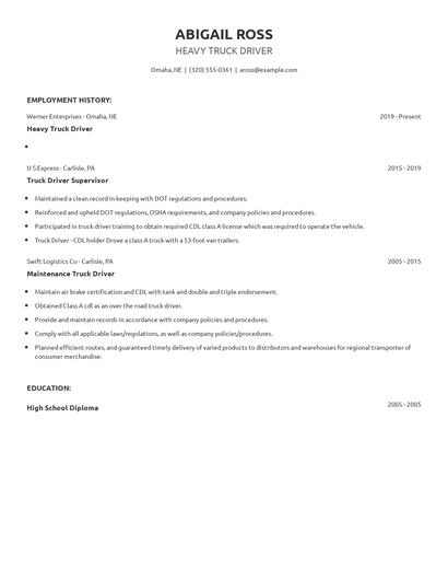 Heavy Truck Driver Resume