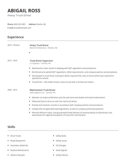 Heavy Truck Driver Resume