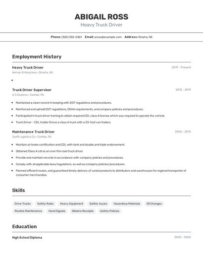 Heavy Truck Driver Resume