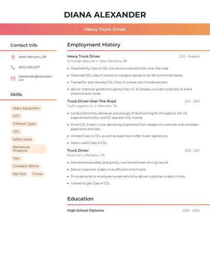 Heavy Truck Driver Resume