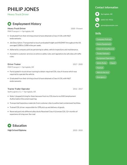 Heavy Truck Driver Resume