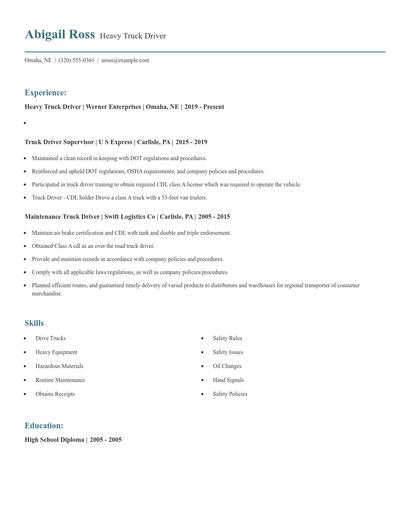Heavy Truck Driver Resume