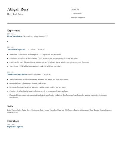 Heavy Truck Driver Resume