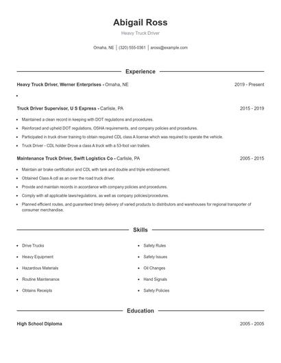 Heavy Truck Driver Resume