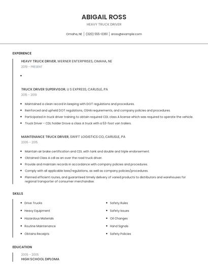 Heavy Truck Driver Resume