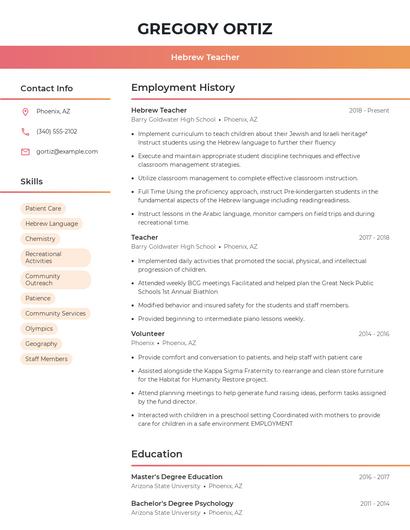 Hebrew Teacher Resume