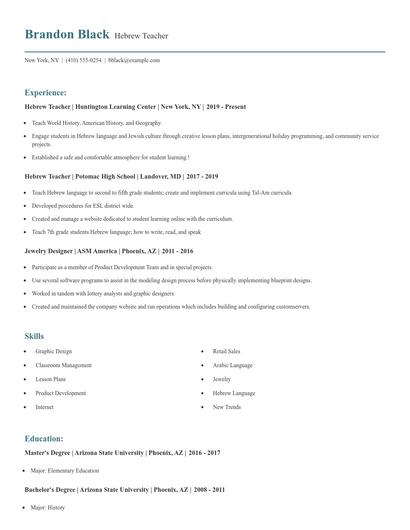 Hebrew Teacher Resume
