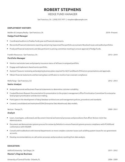Hedge Fund Manager Resume