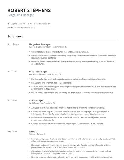 Hedge Fund Manager Resume