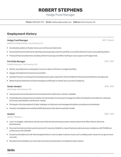Hedge Fund Manager Resume