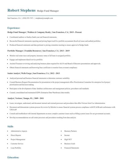 Hedge Fund Manager Resume