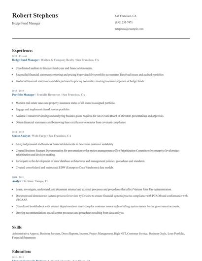 Hedge Fund Manager Resume