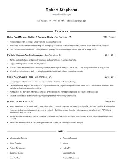 Hedge Fund Manager Resume