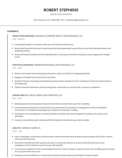 Hedge Fund Manager Resume