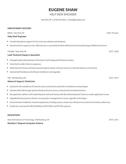 Help Desk Engineer Resume